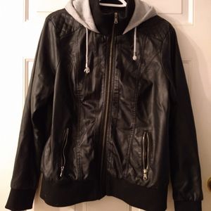 Black faux leather jacket with gray hood